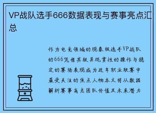 VP战队选手666数据表现与赛事亮点汇总