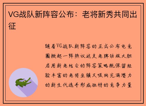 VG战队新阵容公布：老将新秀共同出征